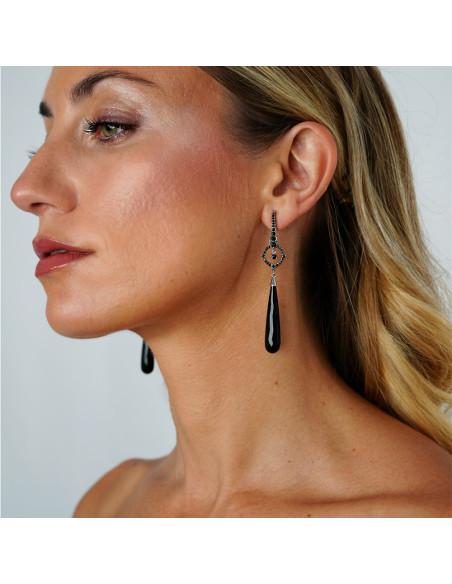 Pendientes Oro Blanco, Diamantes Y Ónix