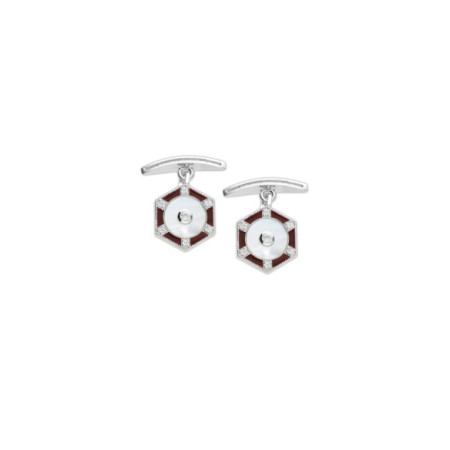 Gemelos Plata, Circonitas, Nácar Y Esmalte Burdeos. Género: Hombre. Material: Plata. Piedras: Circonitas