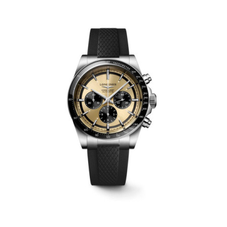 Reloj Longines Conquest Chronograph L3.835.4.32.9. Género: Hombre. Material: Acero,Cerámica. Tamaño: De 39mm a 42mm. Correa: Caucho. Color esfera: Dorada. Estilo: Deportivo. Movimiento: Automático. Características técnicas: Hora y segundero,Reserva de marcha,Cronógrafo