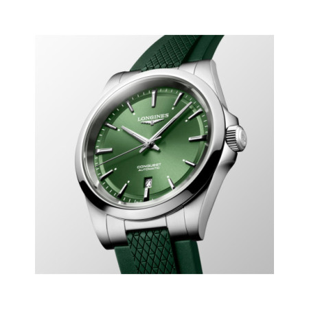 Reloj Longines Conquest L3.830.4.02.9. Género: Hombre. Material: Acero. Tamaño: De 39mm a 42mm. Correa: Caucho. Color esfera: Verde. Estilo: Deportivo. Movimiento: Automático. Características técnicas: Calendario,Hora y segundero,Reserva de marcha