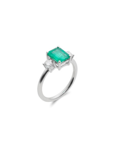 Anillo Oro Blanco, Esmeralda Y Diamantes