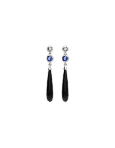 Pendientes Plata, Circonita, Piedra Azul Y Ónix