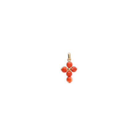 Colgante Cruz Oro Amarillo Y Coral. Género: Mujer,Niña. Material: Oro amarillo. Piedras: Coral