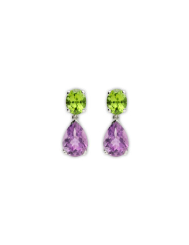 Pendientes Oro Blanco, Peridoto Y Amatista