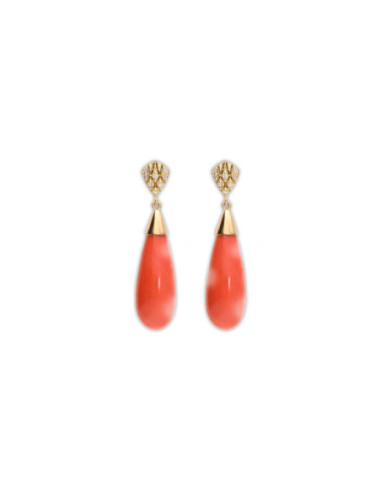 Pendientes Oro Amarillo, Diamantes Y Coral
