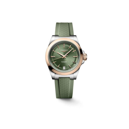 Reloj Longines Conquest 34MM L3.430.5.02.9. Género: Mujer. Material: Acero/Oro. Tamaño: De 32mm a 38mm. Correa: Caucho. Color esfera: Verde. Estilo: Deportivo. Movimiento: Automático. Características técnicas: Calendario,Hora y segundero,Reserva de marcha