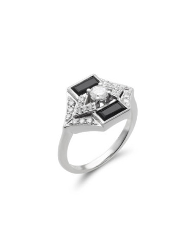 Anillo Oro Blanco, Diamantes Y Ónix