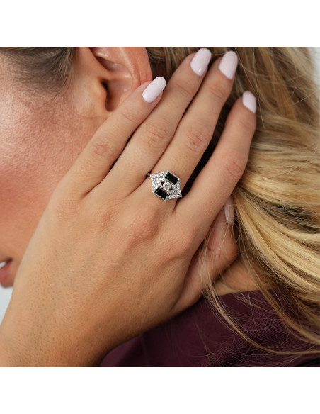 Anillo Oro Blanco, Diamantes Y Ónix