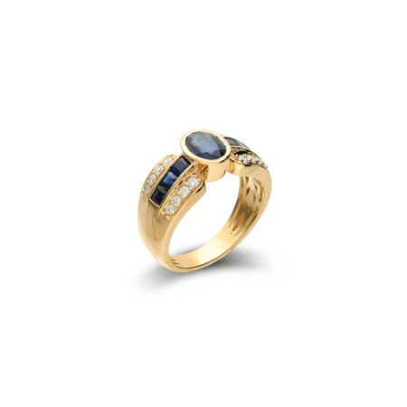 Anillo Oro Amarillo, Zafiro Y Diamantes. Género: Mujer. Material: Oro amarillo. Piedras: Diamantes,Zafiros