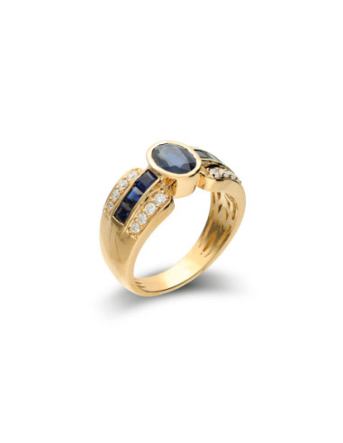 Anillo Oro Amarillo, Zafiro Y Diamantes