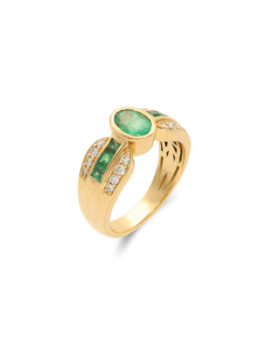 Anillo Oro Amarillo, Esmeralda Y Diamantes