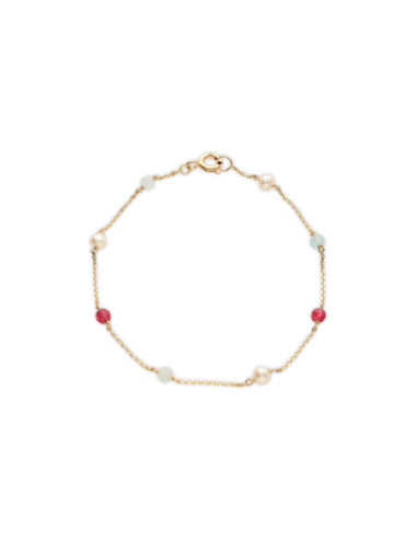 Pulsera Oro Amarillo, Perla, Jade Y Aguamarina
