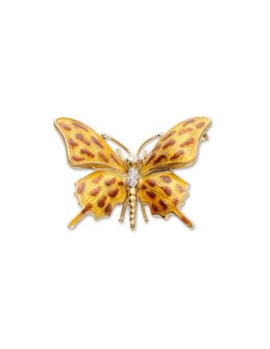 Broche Mariposa Oro Amarillo, Diamantes Y Esmalte