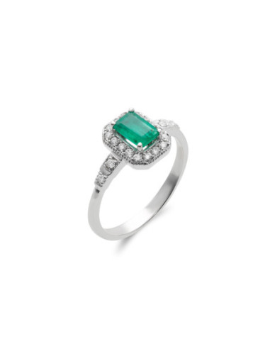 Anillo Oro Blanco, Esmeralda Y Diamantes