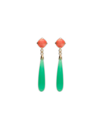 Pendientes Oro Amarillo, Coral, Diamantes Y Jade