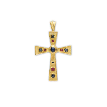 Cruz Oro Amarillo, Zafiros Y Rubíes. Género: Mujer. Material: Oro amarillo. Piedras: Rubies,Zafiros
