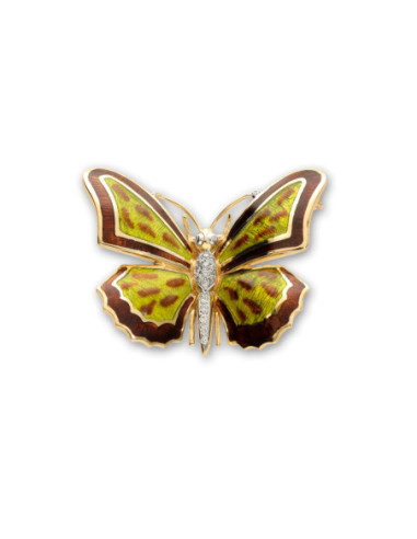 Broche Mariposa Oro Amarillo, Diamantes Y Esmalte