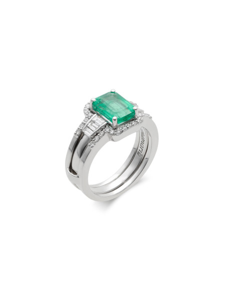 Anillo Oro Blanco, Esmeralda Y Diamantes