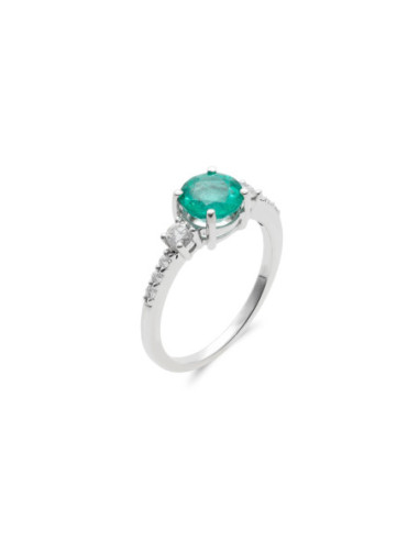 Anillo Oro Blanco, Esmeralda Y Diamantes
