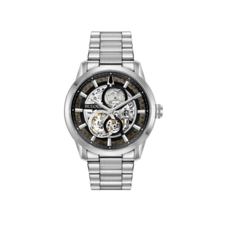 Reloj Bulova Sutton Skeleton 96A208. Género: Hombre. Material: Acero. Tamaño: De 43mm a 46mm. Correa: Acero. Color esfera: Negro. Estilo: Casual. Movimiento: Automático. Características técnicas: Hora y segundero