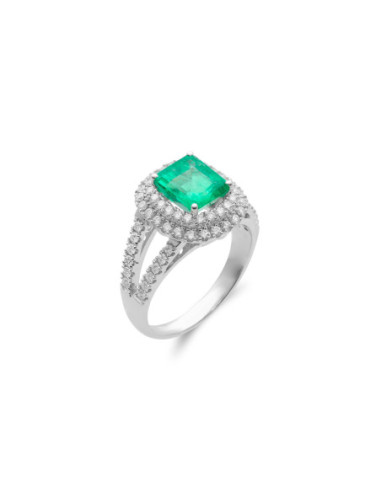 Anillo Oro Blanco, Esmeralda Y Diamantes