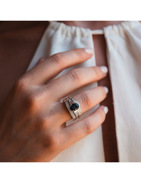 Anillo Oro Blanco, Zafiro Y Diamantes