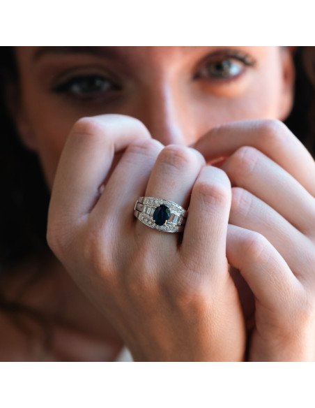 Anillo Oro Blanco, Zafiro Y Diamantes