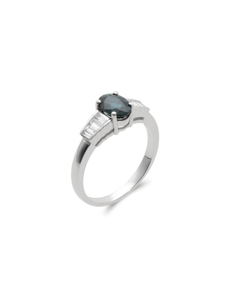 Anillo Oro Blanco, Zafiro Y Diamantes