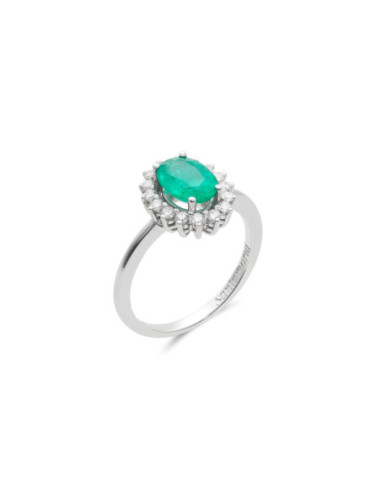 Anillo Oro Blanco, Esmeralda Y Diamantes