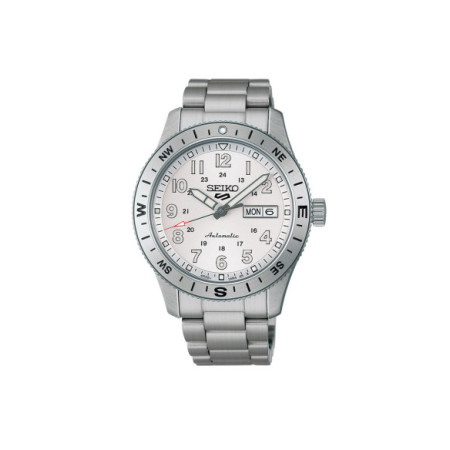 Reloj Seiko 5 Sports Field HDB007K1. Género: Hombre. Material: Acero. Tamaño: De 39mm a 42mm. Correa: Acero. Color esfera: Blanco. Estilo: Casual. Movimiento: Automático. Características técnicas: Calendario,Reserva de marcha,Hora y segundero