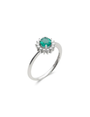 Anillo Oro Blanco, Esmeralda Y Diamantes