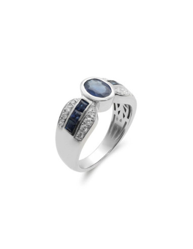 Anillo Oro Blanco, Zafiro Y Diamantes