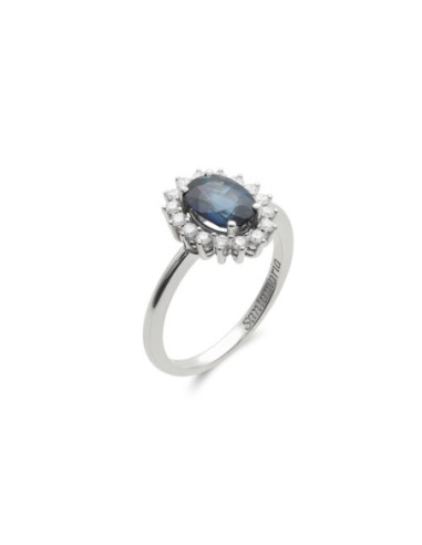 Anillo Oro Blanco, Zafiro Y Diamantes