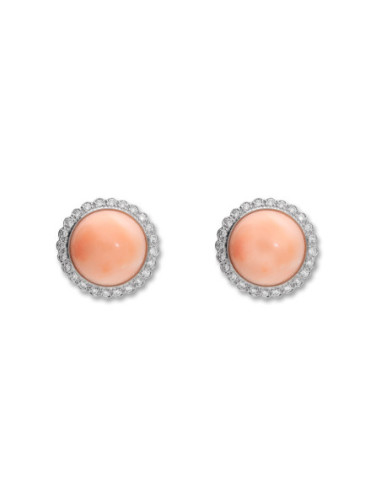 Pendientes Oro Blanco, Diamantes Y Coral