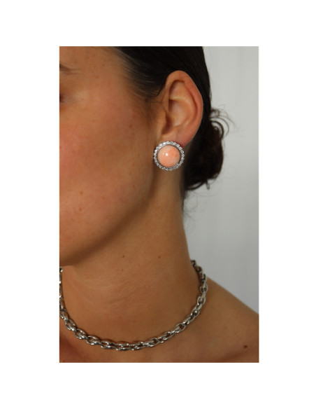Pendientes Oro Blanco, Diamantes Y Coral