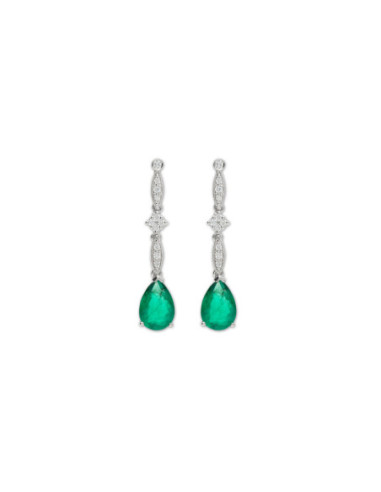 Pendientes Oro Blanco, Esmeralda Y Diamantes
