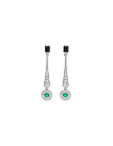 Pendientes Oro Blanco, Ónix, Diamantes Y Esmeralda