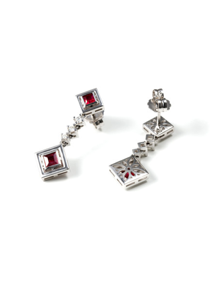 Pendientes Oro Blanco, Rubíes Y Diamantes