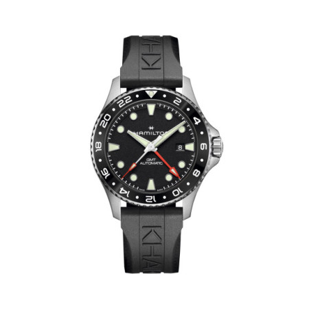 Reloj Hamilton Khaki Navy Scuba Auto GMT 43MM H82555330. Género: Hombre. Material: Acero. Tamaño: De 43mm a 46mm. Correa: Caucho. Color esfera: Negro. Estilo: Deportivo. Movimiento: Automático. Características técnicas: Calendario,Reserva de marcha,Hora y segundero