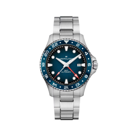 Reloj Hamilton Khaki Navy Scuba Auto GMT 43MM H82535140. Género: Hombre. Material: Acero. Tamaño: De 43mm a 46mm. Correa: Acero. Color esfera: Azul. Estilo: Deportivo. Movimiento: Automático. Características técnicas: Calendario,Hora y segundero,Reserva de marcha