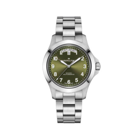 Reloj Hamilton Khaki Field King Day-Date 40MM H64475160. Género: Hombre. Material: Acero. Tamaño: De 39mm a 42mm. Correa: Acero. Color esfera: Verde. Estilo: Casual. Movimiento: Automático. Características técnicas: Calendario,Reserva de marcha,Hora y segundero