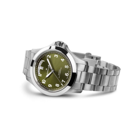 Reloj Hamilton Khaki Field King Day-Date 40MM H64475160. Género: Hombre. Material: Acero. Tamaño: De 39mm a 42mm. Correa: Acero. Color esfera: Verde. Estilo: Casual. Movimiento: Automático. Características técnicas: Calendario,Reserva de marcha,Hora y segundero