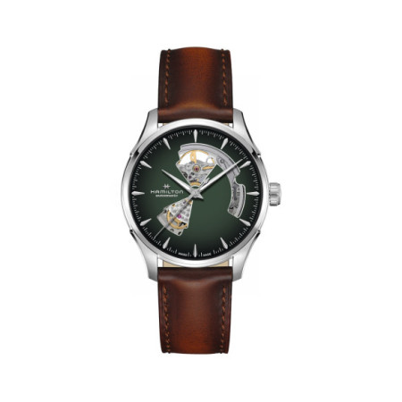 Reloj Hamilton Jazzmaster Open Heart Auto H32675560. Género: Hombre. Material: Acero. Tamaño: De 39mm a 42mm. Correa: Piel. Color esfera: Verde. Estilo: Casual. Movimiento: Automático. Características técnicas: Hora y segundero,Reserva de marcha