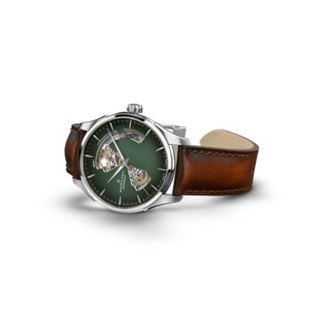 Reloj Hamilton Jazzmaster Open Heart Auto H32675560. Género: Hombre. Material: Acero. Tamaño: De 39mm a 42mm. Correa: Piel. Color esfera: Verde. Estilo: Casual. Movimiento: Automático. Características técnicas: Hora y segundero,Reserva de marcha