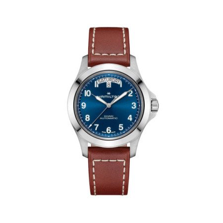Reloj Hamilton Khaki Field King Day-Date 40MM H64475540. Género: Hombre. Material: Acero. Tamaño: De 39mm a 42mm. Correa: Piel. Color esfera: Azul. Estilo: Clásico. Movimiento: Automático. Características técnicas: Calendario,Reserva de marcha,Hora y segundero