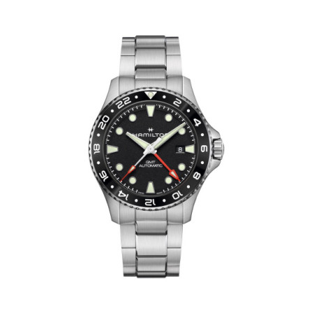 Reloj Hamilton Khaki Navy Scuba Auto GMT 43MM H82555130. Género: Hombre. Material: Acero. Tamaño: De 43mm a 46mm. Correa: Acero. Color esfera: Negro. Estilo: Deportivo. Movimiento: Automático. Características técnicas: Calendario,Hora y segundero,Reserva de marcha