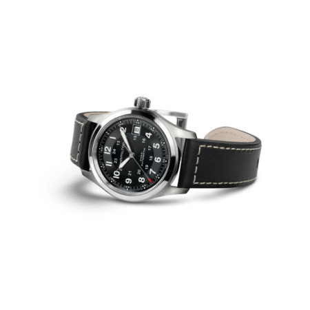 Reloj Hamilton Khaki Field Auto H70455733. Género: Hombre. Material: Acero. Tamaño: De 32mm a 38mm. Correa: Piel. Color esfera: Negro. Estilo: Casual. Movimiento: Automático. Características técnicas: Hora y segundero,Calendario,Reserva de marcha
