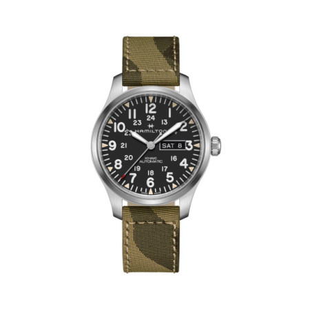 Reloj Hamilton Khaki Field Day Date Auto H70535031. Género: Hombre. Material: Acero. Tamaño: De 39mm a 42mm. Correa: Nato. Color esfera: Negro. Estilo: Casual. Movimiento: Automático. Características técnicas: Calendario,Hora y segundero,Reserva de marcha
