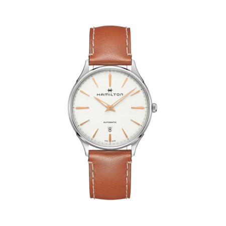 Reloj Hamilton Jazzmaster Thinline Auto H38525512. Género: Hombre. Material: Acero. Tamaño: De 39mm a 42mm. Correa: Piel. Color esfera: Blanco. Estilo: Clásico. Movimiento: Automático. Características técnicas: Hora y segundero