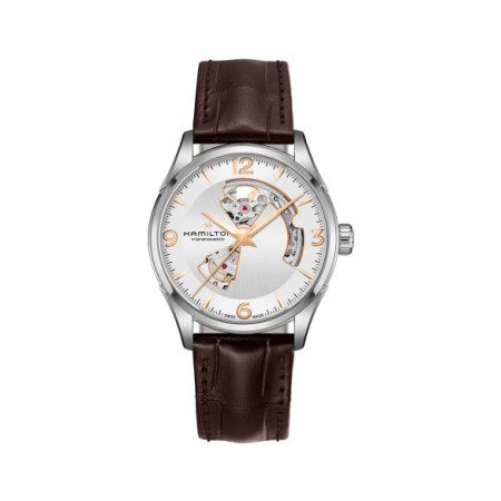 Reloj Hamilton Jazzmaster Open Heart Auto H32705551. Género: Hombre. Material: Acero. Tamaño: De 39mm a 42mm. Correa: Piel. Color esfera: Plata. Estilo: Clásico. Movimiento: Automático. Características técnicas: Reserva de marcha,Hora y segundero